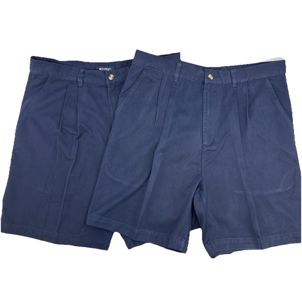 Lot (2) Puritan Mens Pleated Casual  Shorts Navy Chino Size‎ 34